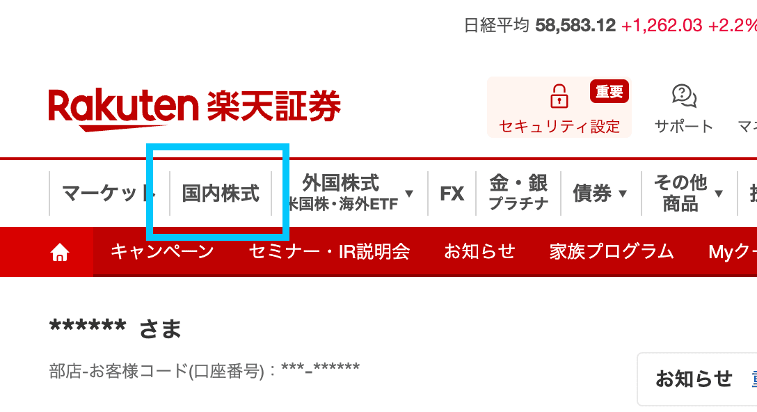 楽天証券ログイン後の画面で国内株式タブを示した画像